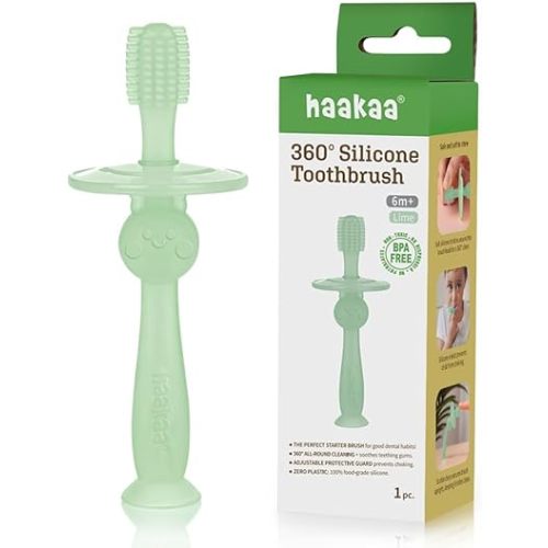 haakaa 360° Silicone Baby Toothbrush – 100% Soft Food Grade Silicone, BPA-Free, Suction Base, Safe for Babies 6 Months+, Gentle Gum and Teeth Cleaning for Infants, Gum Massager (Lime)