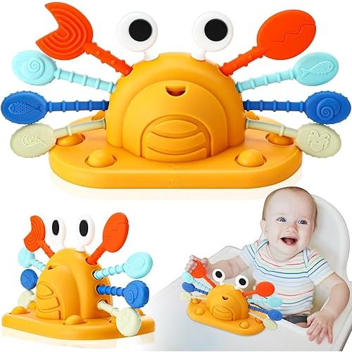 Montessori Toys for Babies 6-12 Months, Food Grade Silicone Baby Sensory Toys, Cutie Crab High Chair Toys, String Activity Toy for Toddlers, Gift for Baby Shower Infant