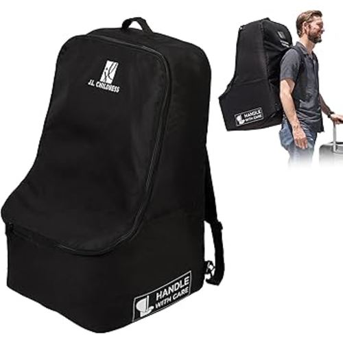 J.L. Childress Padded Backpack Car Seat Bag - Travel Bag for Airplane, Fits Most Baby & Infant Car Seats, Boosters, & Carriers, Accessories for Gate or Baggage Check, AirTag Compatible - Deluxe, Black