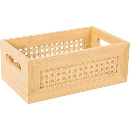 Rattan Storage Basket Handmade Natural Bamboo Woven Storage Bin with Wooden Frame & Handles Decorative Wicker Box for Rustic Farmhouse Boho Decor Home Office Tabletop Shelf Organizer, Small