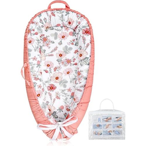 Baby Lounger Pillow with Organic 100% Cotton Newborn Lounger Replaceable Cover, Infant Floor Lounger for Ultimate Comfort, Soft & Breathable Infant Nest Backup for Baby Girls, Pink