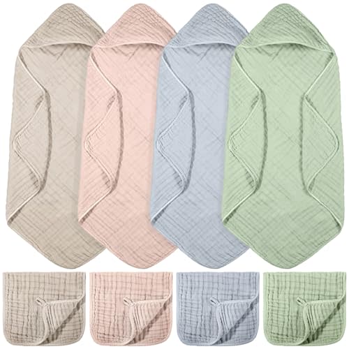 VitalCozy 8 Pcs Baby Muslin Hooded Bath Towels and Washcloths, 32 x 32 Inch Muslin Cotton Hooded Baby Towels Absorbent Blankets for Gift Newborn Infant Shower (Cream Color)