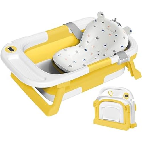 Collapsible Baby Bathtub,Baby Bath Tub with Thermometer & Soft Cushion,Baby Bathtub for Newborn to Toddler 0-36 Months,Portable Travel Baby Tub with No-Slip Feet,Baby Shower Gifts,Yellow