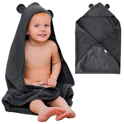 Organic Cotton Toddler Towel Poncho - Ultra-Soft for Boys & Girls 0-5T, Bath Towel with Bear Ears, Absorbent & Premium (Grey)