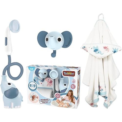 Yookidoo Baby Bath Elephant Shower Head Gift Set - Includes Hooded Towel & Hanger - Control Water from 2 Elephant Trunk Knobs for Max Fun in Tub or Sink Newborns, Toddlers, Boys, Girls (Cloudy Blue)
