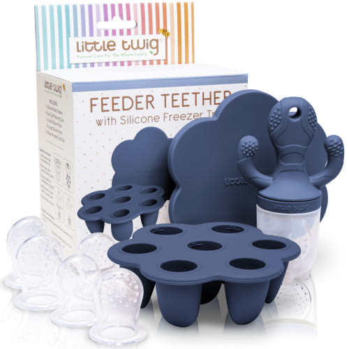 Little Twig Silicone Baby Feeder Teether Set with Pouches Freezer Tray & Measuring Cup, Blue