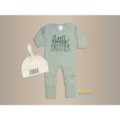 Little Brother Coming Home Outfit Sage Romper, Neutral Romper with Green, Take home, Going Home Personalized, Baby Boy, Newborn