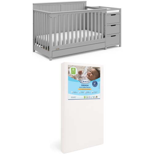 Graco Hadley 5-in-1 Convertible Crib and Changer and Premium Crib & Toddler Mattress Bundle, Pebble Gray
