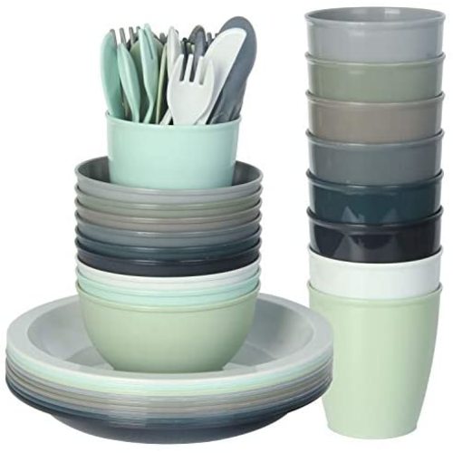 Youngever 54 pcs Plastic Toddler Dining and Utensil Set, BPA Free, Dishwasher Safe, Toddler Dinnerware and Toddler Silverware, Set of 9 in 9 Urban Colors