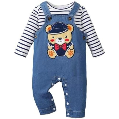 NZRVAWS Newborn Baby Boy Clothes Outfits Infant Stripe Animal Romper Cute Denim Jeans Jumpsuit Overalls 0-18 Months