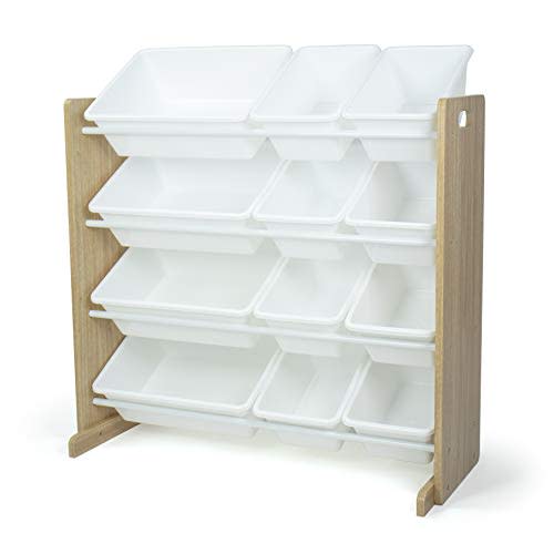 Humble Crew Kids Toy Storage Organizer with 12 Plastic Bins, Natural Wood/White – Removable Bins for Playroom, Bedroom, Toddler Furniture for Boys and Girls Ages
