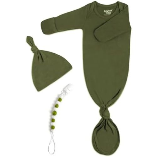 Knotted Gown Baby Newborn Hospital Outfit, Modal Infant Sleeper Gowns with Pacifier Clip and Hat Set, Nightgowns 0-3 Months