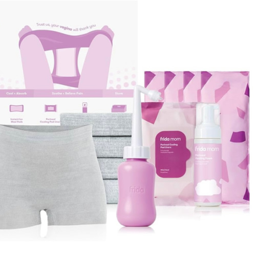 Frida Mom Postpartum Recovery Essentials Kit, Includes Disposable Underwear, Instant Ice Maxi Pads, Perineal Healing Foam, Perineal Healing Pad Liners and Upside Down Peri Bottle (11pc Gift Set)