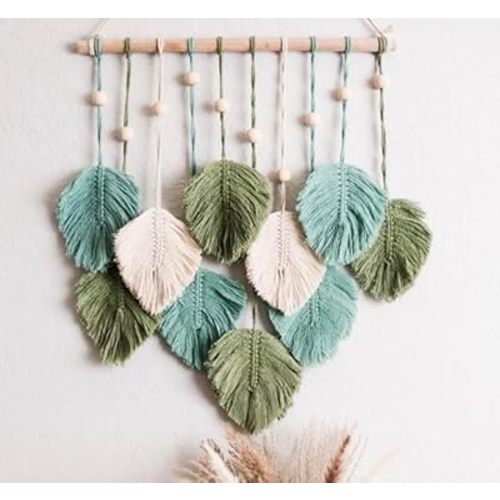 SnugLife Macrame Wall Hanging Leaves - Large Chic Feather Boho Decor, Handmade Yarn Woven Art Leaf Tapestry for Nursery, Bedroom, Living Room, 17 X 22 Inch (Green, Sage Green & Beige)