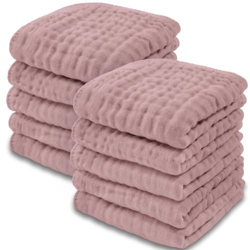 Comfy Cubs Muslin Baby Washcloths 10 Pack - Soft 6-Layer Cotton Wash Cloths for Sensitive Skin - 10"x10" Large, Gentle, Absorbent Infant Essentials for Newborn and Toddlers - Mauve
