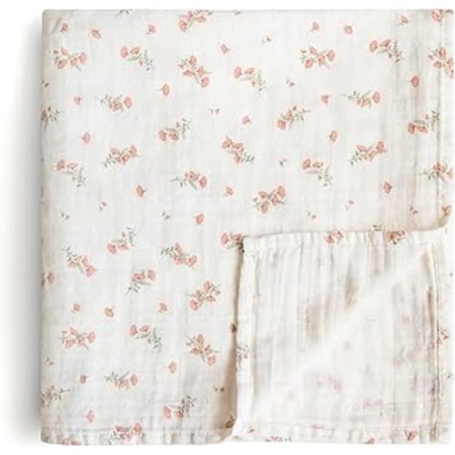 mushie Muslin Baby Swaddle Blanket | 100% Organic Cotton (Pink Flowers)
