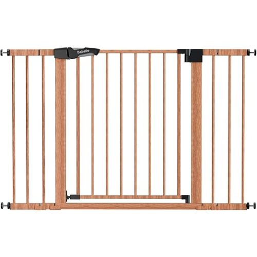 Babelio 29-48" Baby Gate with Brown Wood Pattern, Auto Close Dog Gate PressGuard P7 for The House, Stairs and Doorways, Pressure Mounted Pet Gate with Door, Safety Gate for Child and Pets
