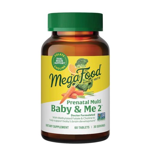 MegaFood Baby & Me 2 Prenatal Multi - Prenatal Vitamins for Women with Choline, Methyl Folate, Iron - Gluten-Free, Vegetarian, Pre Natal Multivitamin for Women - 60 Tablets, 30 Servings