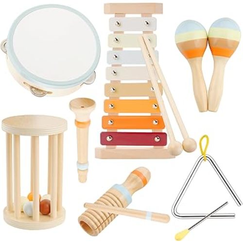 Baby Musical Instruments-Montessori Wooden Toys with Modern Boho Xylophone Tambourine, Neutral Colors Musical Toys for Toddlers 3+,Kids Preschool Educational Birthday Gifts.