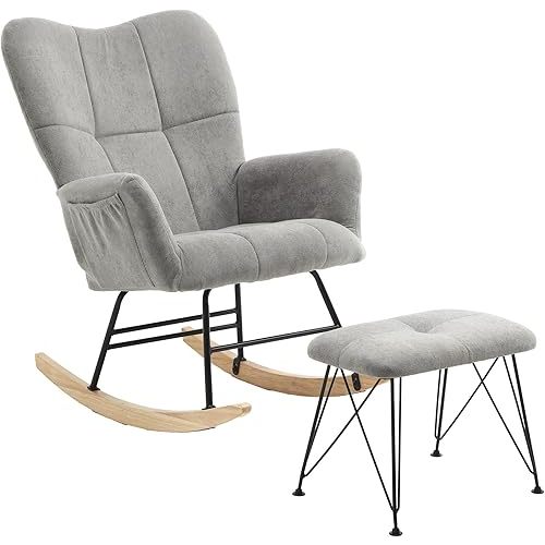 KEEZY Nursery Rocking Chair with Stool Upholstered Glider Rocker Rocking Accent Chair Padded Seat with High Backrest Armchair Comfy Side Chair for Living Room Bedroom Offices (Gray)