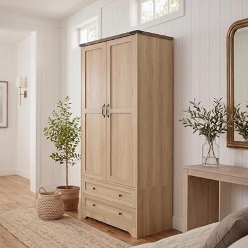 Yechen 71" Wooden Armoire Wardrobe Closet - Modern Functional Clothes Tall Storage Cabinet with Adjustable Shelf and Hanging Rail, Sturdy Freestanding Closet Wardrobe with 2 Wide Drawers (Natural)