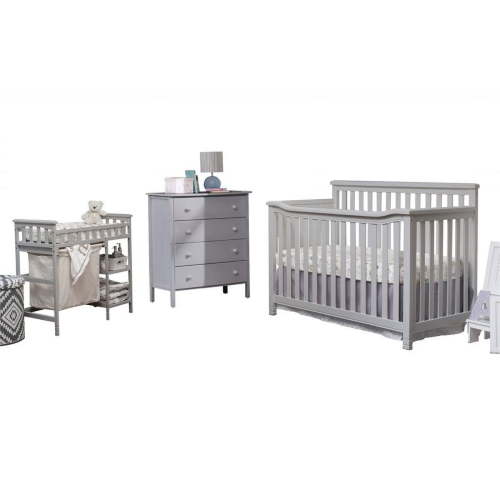Sorelle Palisades 4-in-1 Convertible Crib, Dresser, Changing Table, Hamper - Wood Baby Bedroom Furniture Set in Gray