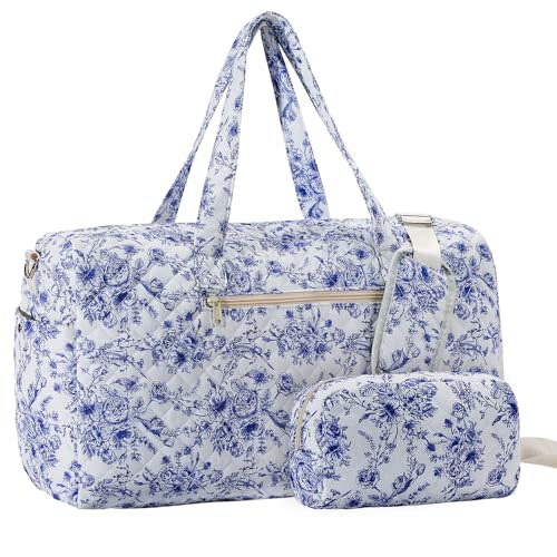 Quilted Floral Duffle Bag for Women, Weekender Overnight Bag | Carry On Travel Tote with Shoe Compartment, Hospital Labor Delivery Bag, Floral Quilted Duffle Bag Set with Cosmetic Pouch