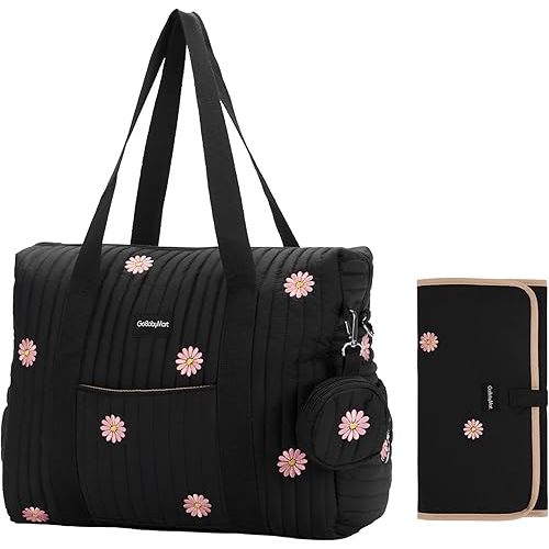 Large Diaper Bag Tote, Maternity Hospital Travel diaper tote, Multifunction baby bag, Baby Nappy Bags, Messenger bag (Medium - Black Flowers)