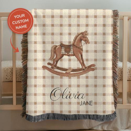 100% Cotton Custom Rocking Horse Baby Blanket traditional Nursery Decor