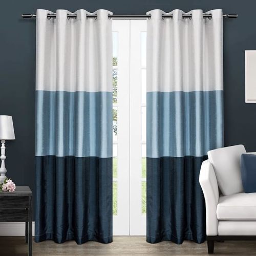 EXCLUSIVE HOME Chateau Striped Faux Silk Grommet Top Curtain Panel Pair, 54"x84", Indigo