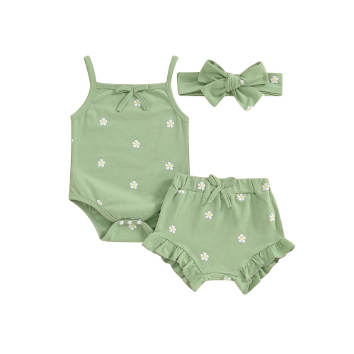 BABAMOON 3Pcs Newborn Baby Girls Summer Outfits Sleeveless Bow Romper + Ruffle Shorts + Headband Clothes