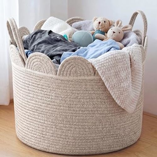 LemonRoad Brown Variegated Round Basket Large Blanket Basket 20" x 13" Scalloped Woven Baskets Cotton Storage Baskets for Nursery Classroom Closet Blankets Storage Home Decor