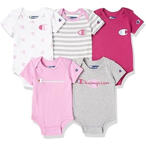 Champion 5-Pack Short Sleeve Baby Bodysuit, Gender Neutral Baby Clothes Infant Clothing, Multiple Colors/0-6M