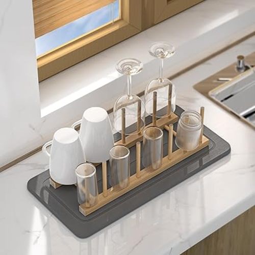 Stone Dish Drying Mat with Wooden Plate Rack for Kitchen Counter, 15.8x7.5 inch Super Absorbent Non-Slip Diatomite Dish Drying Mat,Diatomaceous Earth Drying Stone Dish Drying Mat