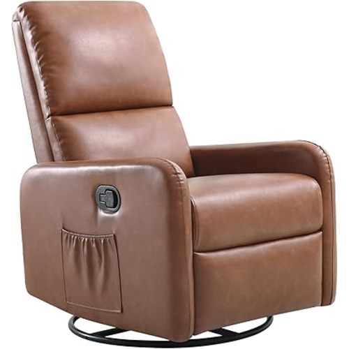 Jocisland Swivel Glider Rocking Recliner, Nursery Chair for Adults with 2 Massage Points, Rocker Reclining Single Sofa Armchair for Living Room Bedroom Nursing, Mix-Brown Leather