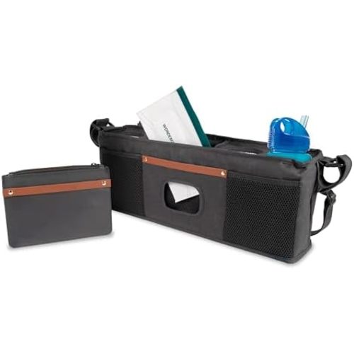 WONDERFOLD Universal Parent Console Stroller Organizer with Insulated Cup Holders, Hook & Loop Closure Handle Attachment, 2 Storage Pockets, Removable Shoulder Strap for Easy Transport