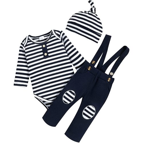 Newborn Baby Unisex Clothes Kintted Romper Stripe Bodysuit Suspenders Ribbed Pants Hat Outfit Set