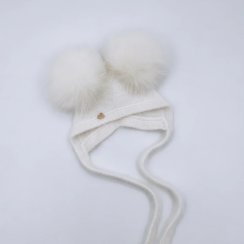 MI LOVES SIGNATURE Little Bear Angora Double pompom hat WHITE