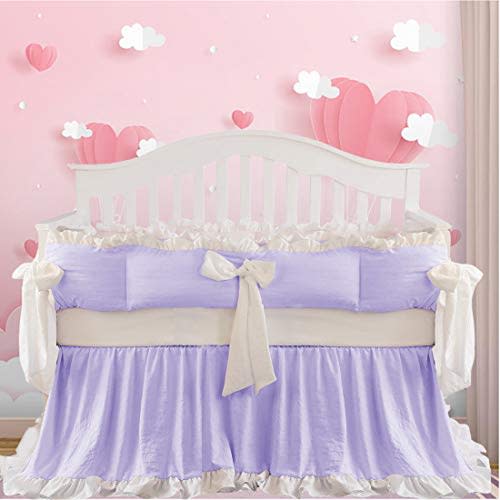 Brandream Purple Crib Bedding Sets for Girls Luxury Princess 8 Piece Ruffle Nursery Bedding 100% Cotton Elegant Newborn Infant Cradle Set