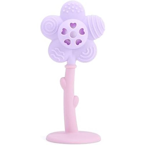 Baby Teething Toy Silicone Flower Teether Rattle Toy for Baby BPA Free Sensory Teether Toy (Purple)