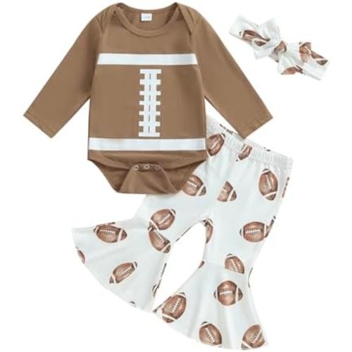 Newborn Baby Girl Football Outfit On Sundays We Watch Football with Daddy Romper and Flare Pants with Headband