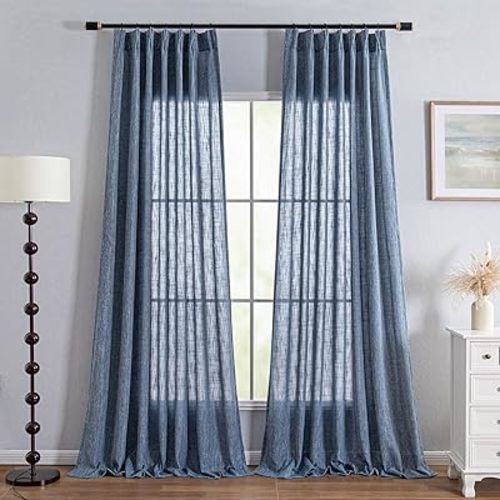 MYSKY HOME Extra Long Curtains for Living Room, 102 Inch Length Semi Sheer Curtains Soft Cotton Fabric Boho Window Drapes Light Filtering Backdrop Panels Pinch Pleated, 40 x 102 in, Blue, 2 Pieces