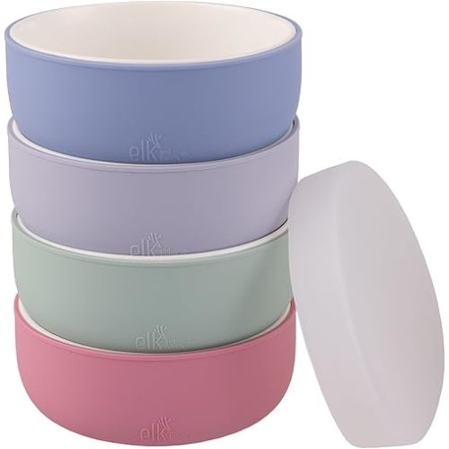 Elk and Friends Kids Porcelain Bowls with Silicone Sleeve + Silicone Lid | Kids/Toddler/Baby Feeding | Microwave & Dishwasher Safe | Non slip | Cereal/Soup/Snack Dishes & Dinnerware