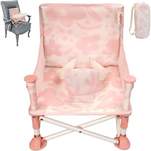 Portable 3-in-1 Baby Booster Seat, Cozy Floor Seat, Feeding Seat with Tray, Compact Foldable Toddler Booster with Child Safety Belt Carry Bag, Perfect for Travel (Blush Bloom)