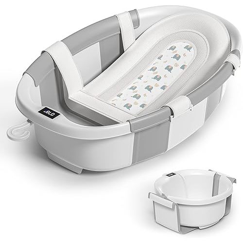 Collapsible Baby Bathtub for Newborn to Toddler 0-36 Months,Spacious Foldable Infant Bath Tub with Thermometer,Cushion & Drain Hole,Portable Travel Tub, Baby Shower Gift Grey