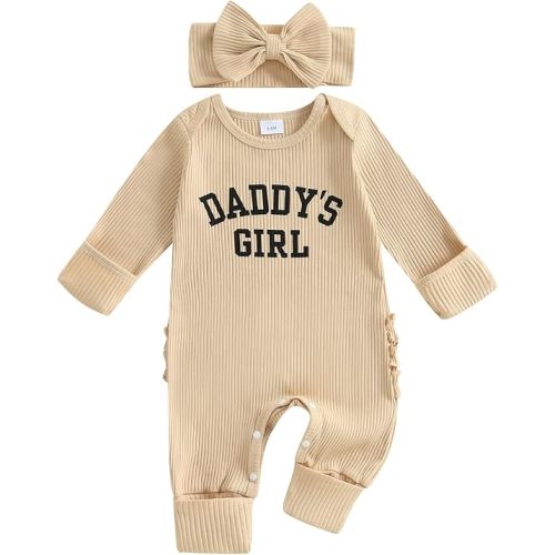 FIOMVA Im New Here Newborn Outfit Girl Long Sleeve Letter Romper Ribbed Knit Jumpsuit Baby Girl Preemie Coming Home Outfit