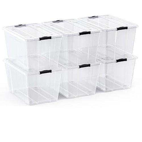 Lifetime Appliance Parts 6 Pack - 54 Qt. Plastic Storage Bin Tote Organizing Container with Ultra Durable Lid and Secure Latching Buckles, Stackable Extra Strength Clear with Black Handle