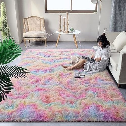 DweIke Extra Large Fluffy Area Rug, 5x8 ft Modern Indoor Carpets for Living Room Bedroom, Plush High Pile Rainbow Rug for Girls Kids Playroom Classroom Nursery Home Décor, Rainbow