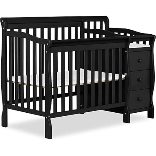 Dream On Me Jayden 4‑in‑1 Mini Convertible Baby Crib & Changer with Storage in Black, Pinewood, GreenGuard Gold & JPMA, 1” Mattress Pad, 3 Mattress Heights, Converts to Mini Day & Twin-Size Bed