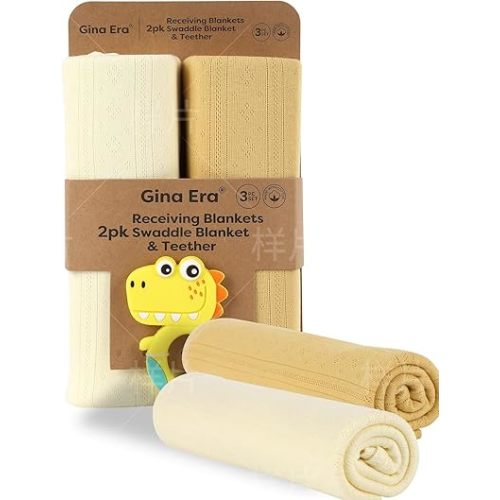 Gina Era Receiving Blankets, Lightweight Cozy Swadde Blanket for Newborns, Infants, & Swaddles for Newborns, 2 Pack 30 X 40 Inch for Boy (Yellow)